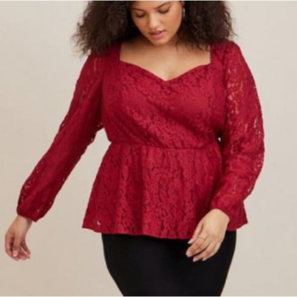 Torrid lace puff sleeve peplum blouse wine tasting maroon red size 4 plus 4X - Picture 14 of 14